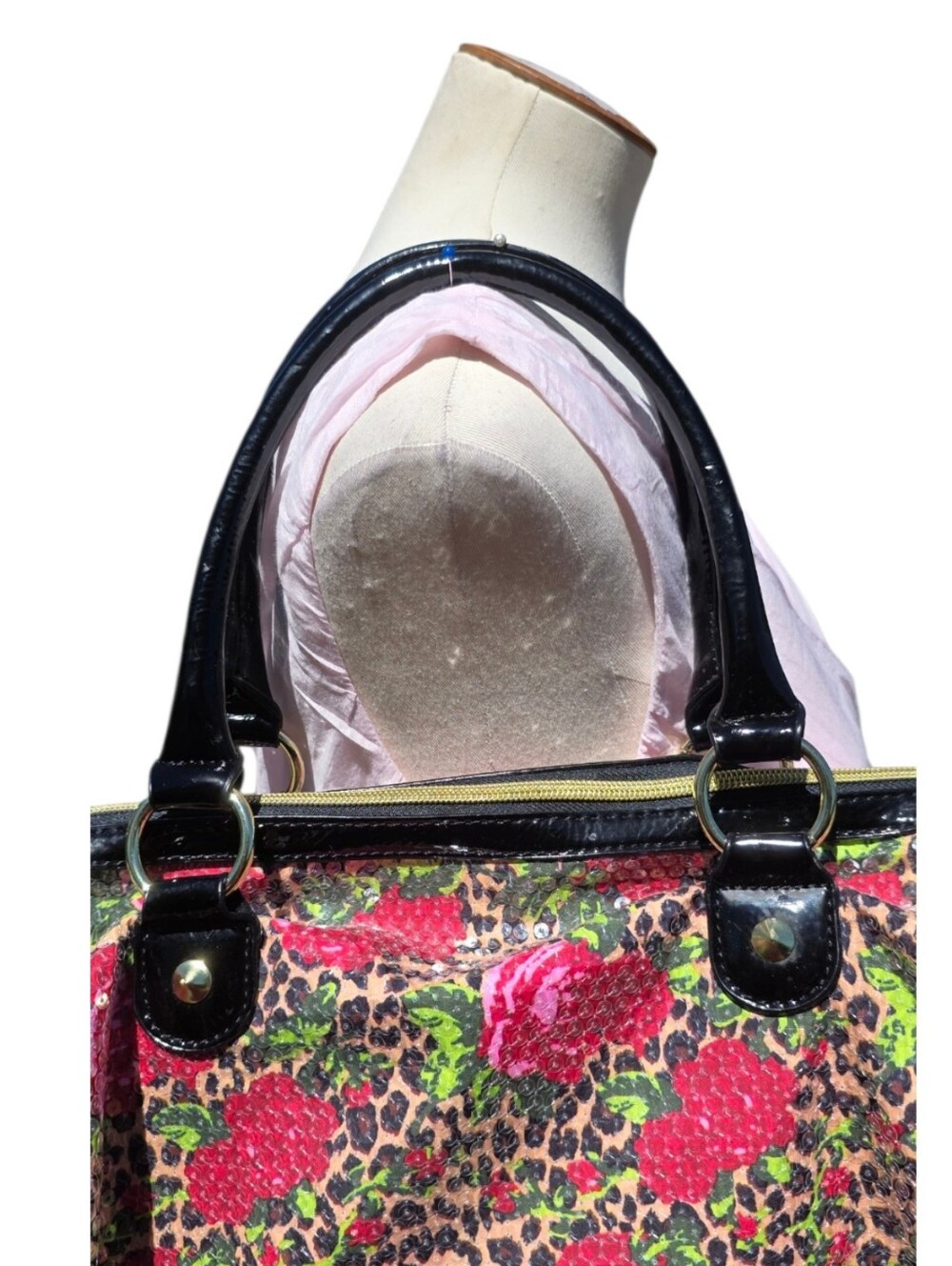 Betsey Johnson Y2K Sequin Leopard Rose Satchel Shoulder Bag Patent Purse - Picture 5 of 15